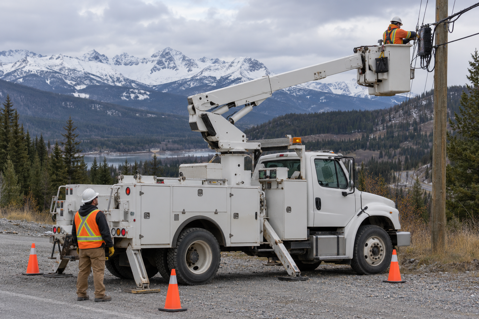 Illustrative fibre installation crew with an unbranded utility bucket truck
