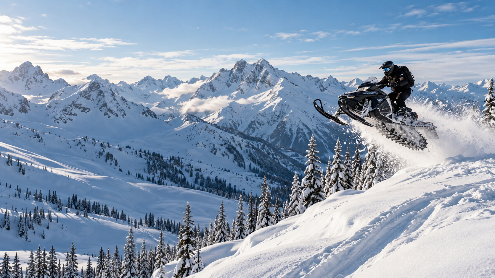 Illustrative winter scene of a snowmobile rider airborne above deep alpine powder